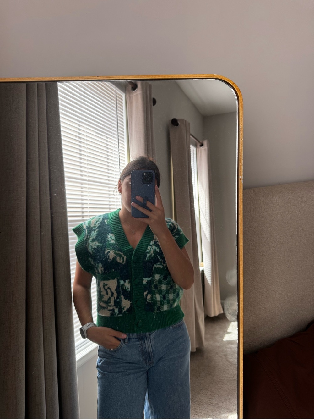 Zara Green Patterned Knit Button-Up Vest